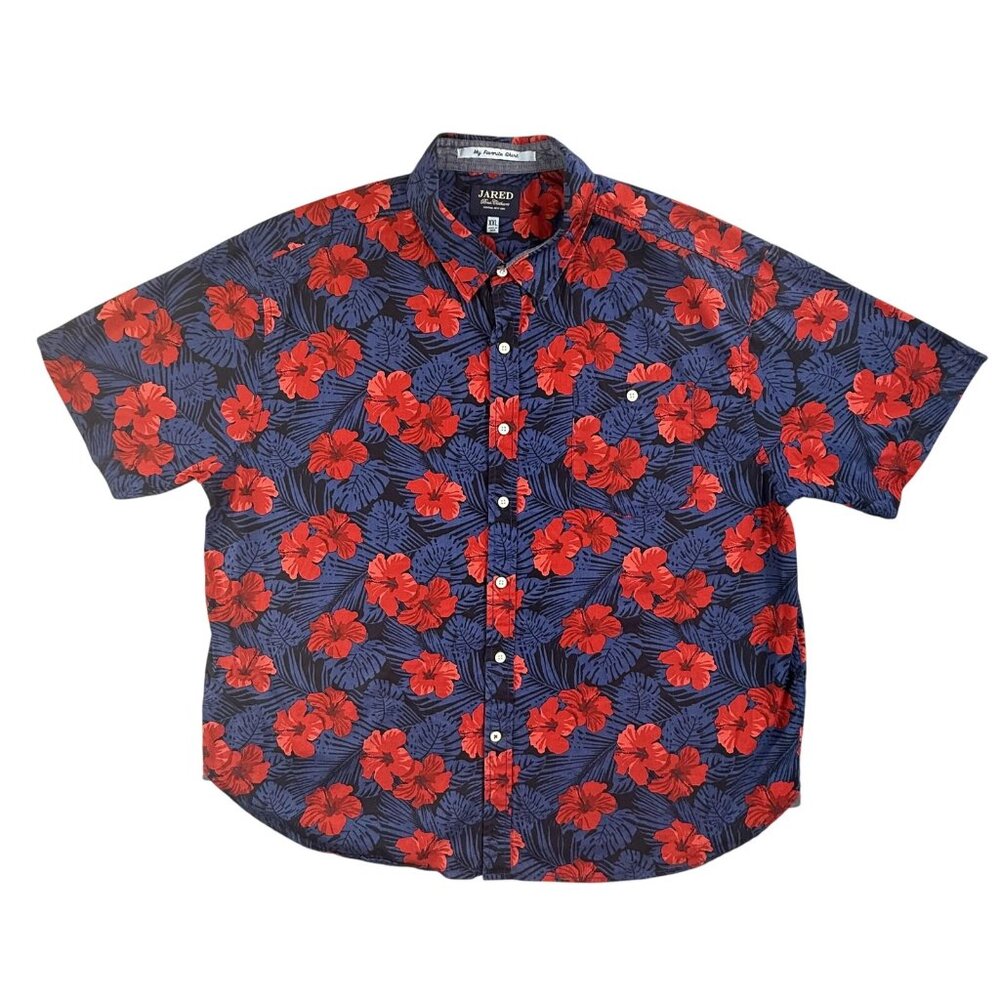 Jared Shirt Men 2XL Blue Red Floral Hawaiian Button Up Short Sleeve Rose Dolphin